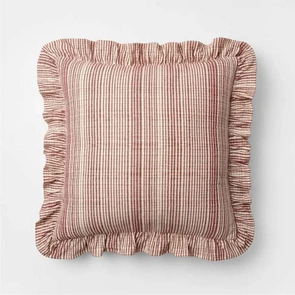 24"x24" Uneven Plaid with Ruffle Pillow Burgundy/Cream - Threshold™ studio mcgee - Picture 1 of 6
